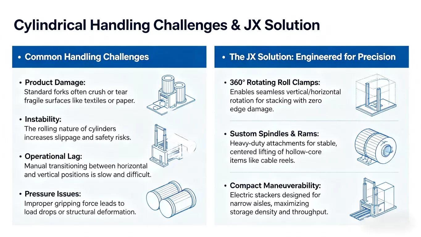 Common Handling Challenges

Product Damage: Standard forks often crush or tear fragile surfaces like textiles or paper.
Instability: The rolling nature of cylinders increases slippage and safety risks.
Operational Lag: Manual transitioning between horizontal and vertical positions is slow and difficult.
Pressure Issues: Improper gripping force leads to load drops or structural deformation.
The JX Solution: Engineered for Precision
We streamline your operations with dedicated cylindrical handling technology:

360° Rotating Roll Clamps: Enables seamless vertical/horizontal rotation for stacking with zero edge damage.
Custom Spindles & Rams: Heavy-duty attachments for stable, centered lifting of hollow-core items like cable reels.
Compact Maneuverability: Electric stackers designed for narrow aisles, maximizing storage density and throughput.