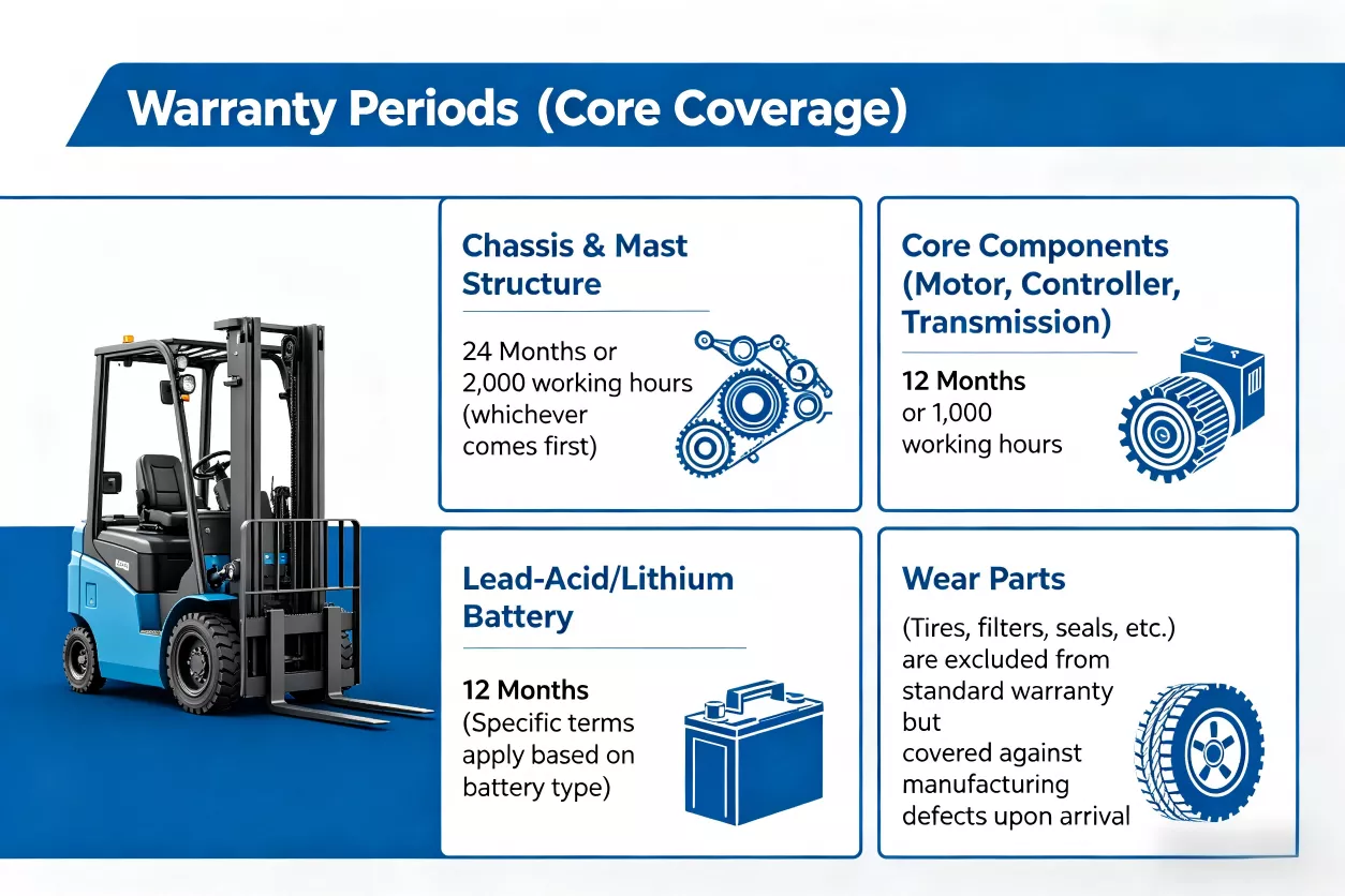 JX Forklift Warranty Periods (Core Coverage)      Chassis & Mast Structure: 24 Months or 2,000 working hours (whichever comes first).

Core Components (Motor, Controller, Transmission): 12 Months or 1,000 working hours.

Lead-Acid/Lithium Battery: 12 Months (Specific terms apply based on battery type).

Wear Parts: (Tires, filters, seals, etc.) are excluded from standard warranty but covered against manufacturing defects upon arrival.