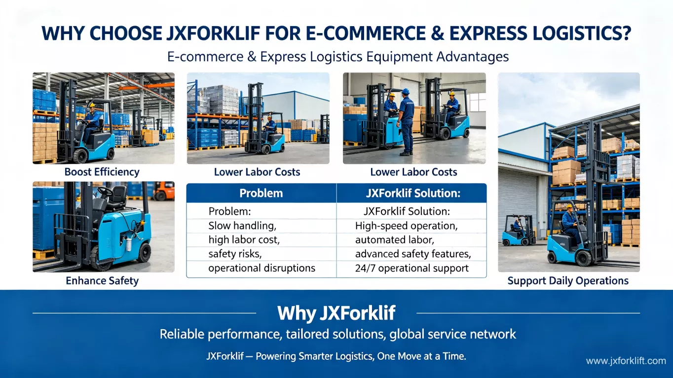 E-commerce & Express Logistics Equipment Advantages
WHY CHOOSE JXFORKLIF FOR E-COMMERCE & EXPRESS LOGISTICS?